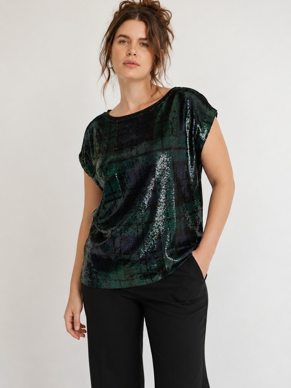 Ralph Lauren Green and Black Sequin Plaid Short Sleeve Top